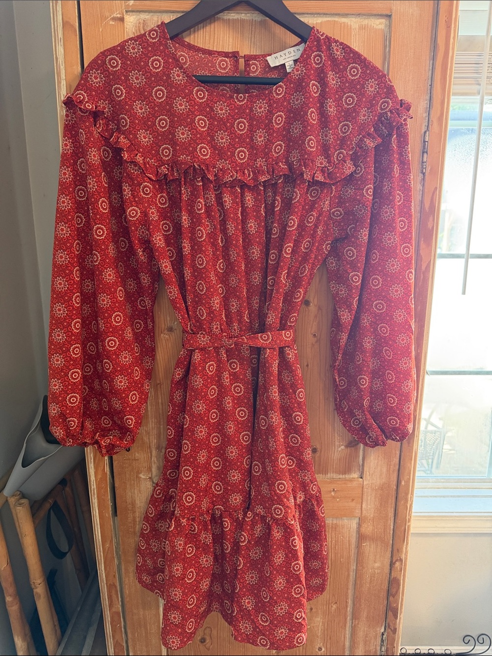 Hayden Rust Floral Ruffle Long-Sleeve Belted Dress